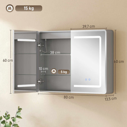Bathroom Mirror Cabinet with LED, Anti-Fog, 80 x 60 cm