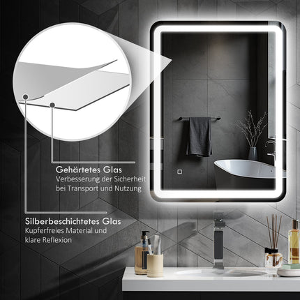 Bathroom Mirror, LED, Anti-Fog, Touch Control, 60x80 cm