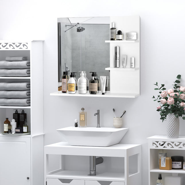 Bathroom wall mirror with 3 shelves, White MDF 60x10x48cm