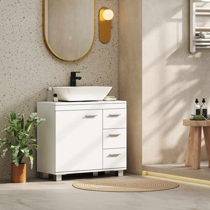 Bathroom Sink Cabinet, MDF, 2 Shelves, 3 Drawers, White
