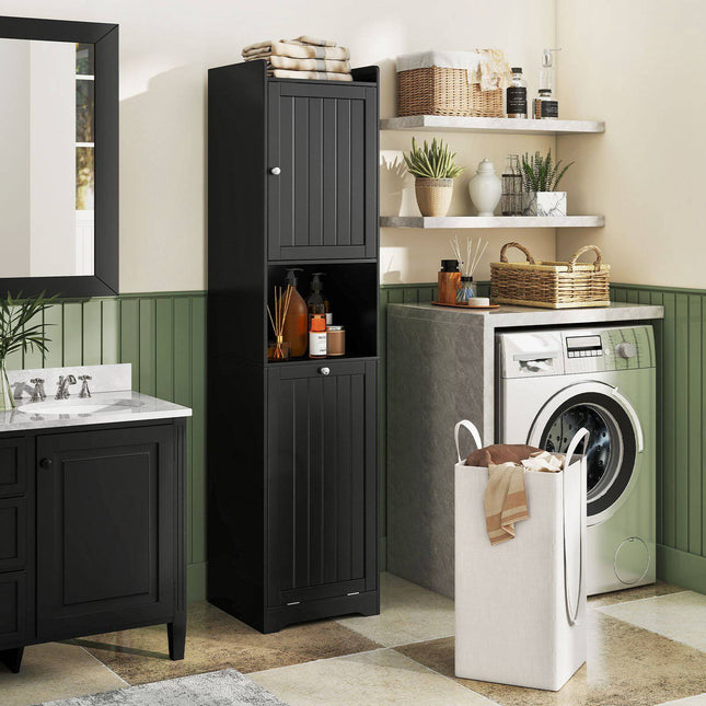 Hoge badkamerkast met wasmand, verstelbare plank, zwart