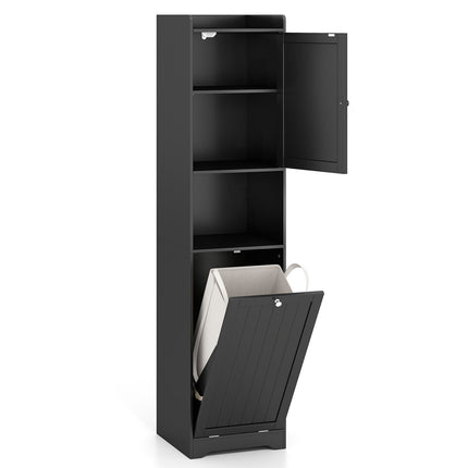 Bathroom Tall Cabinet With Laundry Hamper, Adjustable Shelf, Black