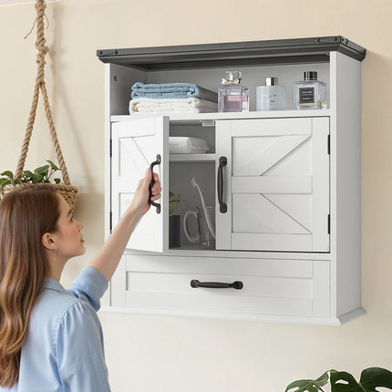 Bathroom Wall Cabinet, 2 Doors, Adjustable Shelf, Drawer, White