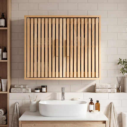 Bathroom Wall Cabinet, Natural Wood, Adjustable Shelves