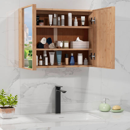 Bathroom Wall Cabinet with Mirror, Double-Door, Bamboo