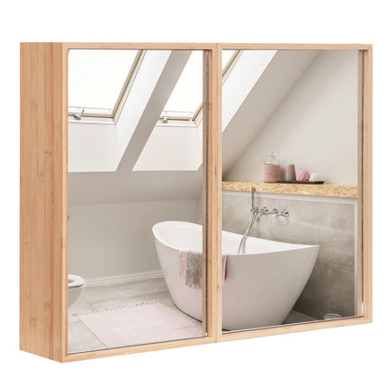 Bathroom Wall Cabinet with Mirror, Double-Door, Bamboo