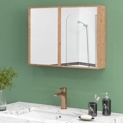 Bathroom Wall Cabinet with Mirror, Double-Door, Bamboo