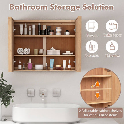 Bathroom Wall Cabinet with Mirror, Double-Door, Bamboo