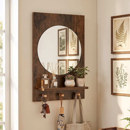 Bathroom Wall Mirror with Storage Shelf and 3 Hooks, Rustic Brown, 34 cm Round