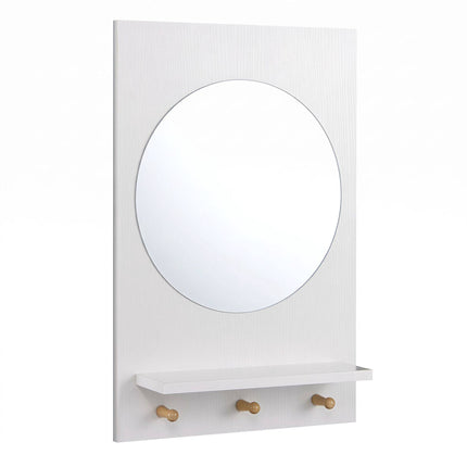 Bathroom Wall Mirror with Storage Shelf and 3 Hooks, White, 34 cm Round