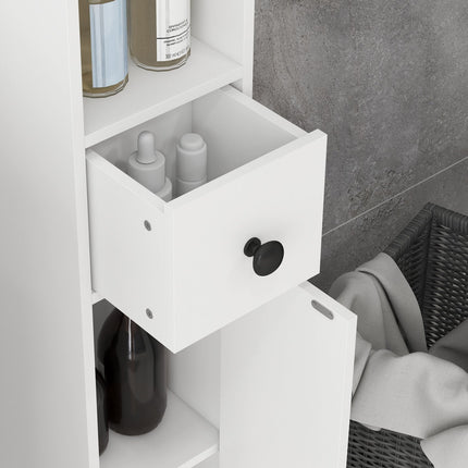 Bathroom cabinet, 4 shelves, drawer, chipboard, slim design, white