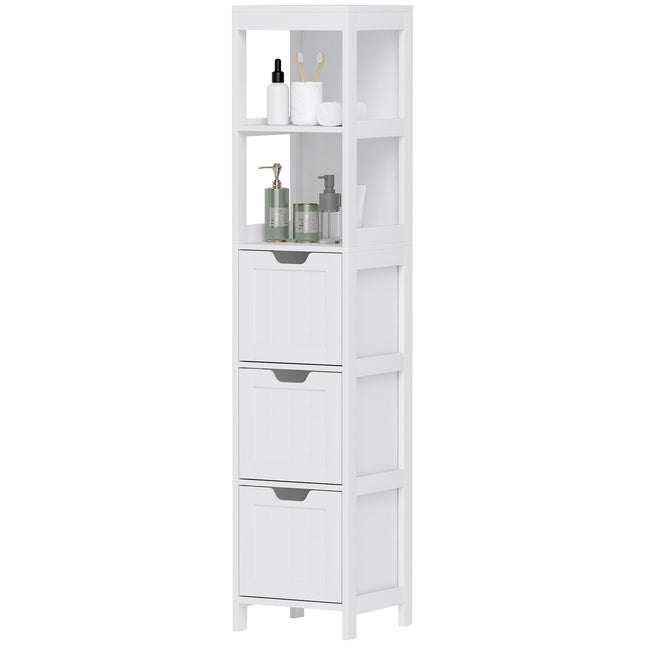 Tall white bathroom cabinet with drawers and open shelves