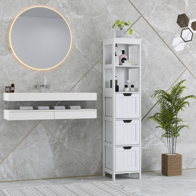 Tall white bathroom cabinet with drawers and open shelves