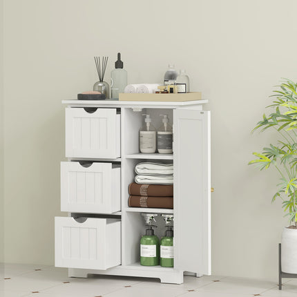 White side cabinet for bathroom with 3 drawers & adjustable shelf