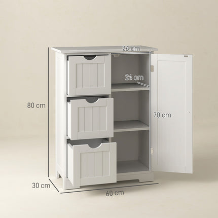 White side cabinet for bathroom with 3 drawers & adjustable shelf