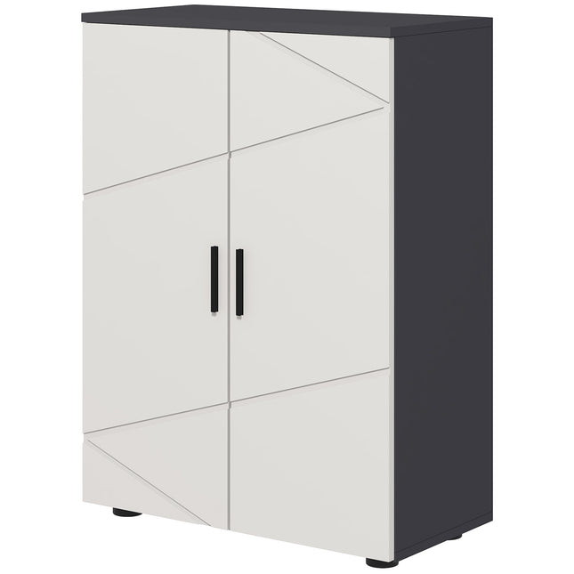 Gray bathroom cabinet with double doors and adjustable shelves