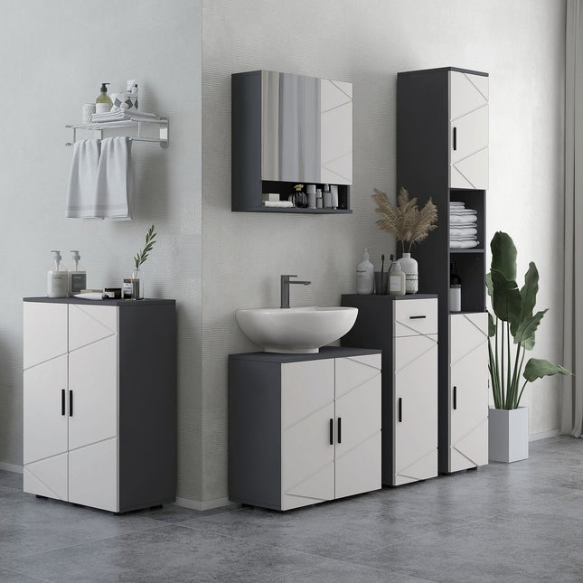 Gray bathroom cabinet with double doors and adjustable shelves
