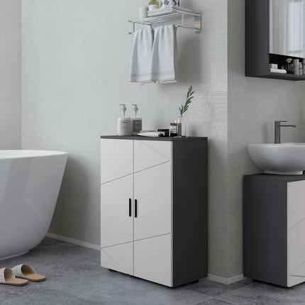 Gray bathroom cabinet with double doors and adjustable shelves