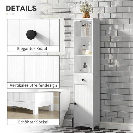 Tall white bathroom cabinet with 3 shelves & drawer