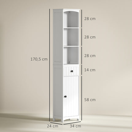 Tall white bathroom cabinet with 3 shelves & drawer