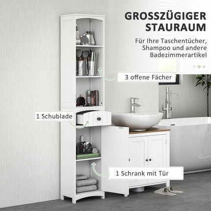 Tall white bathroom cabinet with 3 shelves & drawer