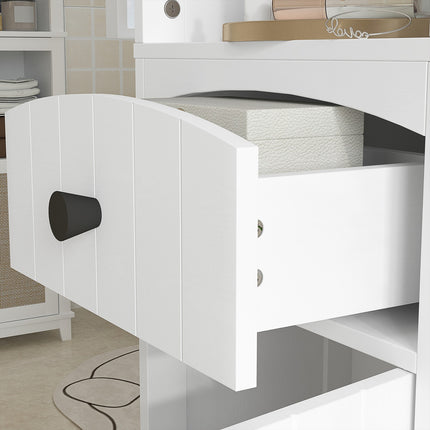 Tall white bathroom cabinet with 3 shelves & drawer