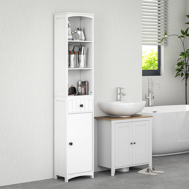 Tall white bathroom cabinet with 3 shelves & drawer