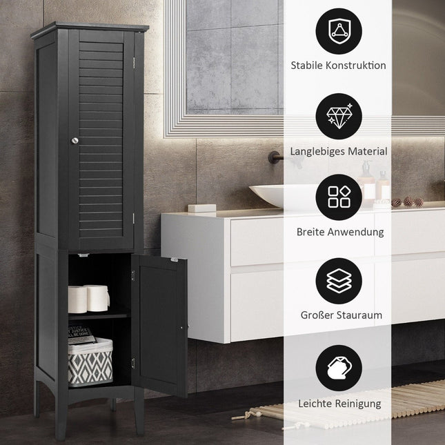 Bathroom cabinet with 5 compartments & 2 louvre doors & shelves & anti-tilt device Narrow tall cabinet Black