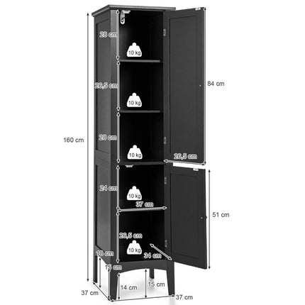 Bathroom cabinet with 5 compartments & 2 louvre doors & shelves & anti-tilt device Narrow tall cabinet Black