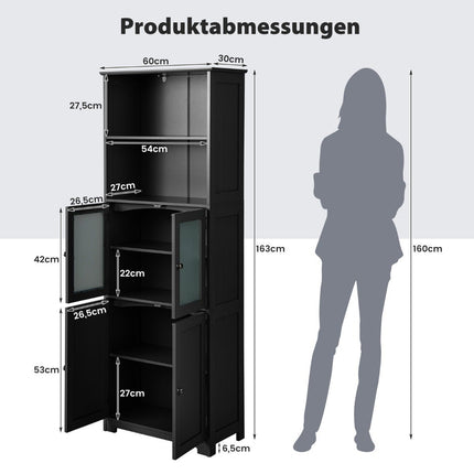 Bathroom cabinet with glass doors, 2 open compartments and adjustable shelves, black