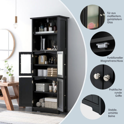 Bathroom cabinet with glass doors, 2 open compartments and adjustable shelves, black
