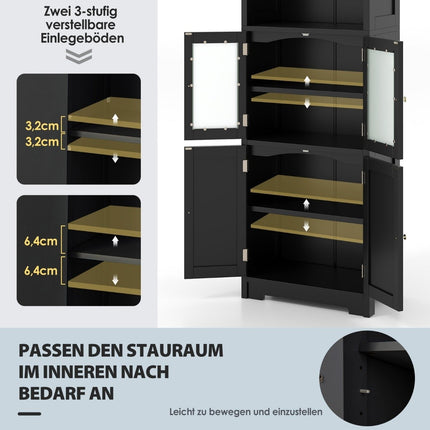 Bathroom cabinet with glass doors, 2 open compartments and adjustable shelves, black