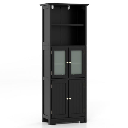 Bathroom cabinet with glass doors, 2 open compartments and adjustable shelves, black