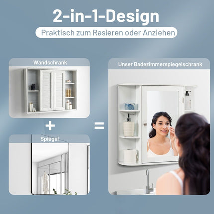 Bathroom cabinet with mirror, 4 compartments and 6 open shelves, bathroom cabinet, mirror cabinet, wall cabinet, white, 65 x 17 x 63 cm