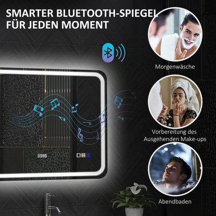 Bathroom mirror with LED lighting, anti-fog pad, 3 adjustable colors, clock, 700 x 900 mm, silver