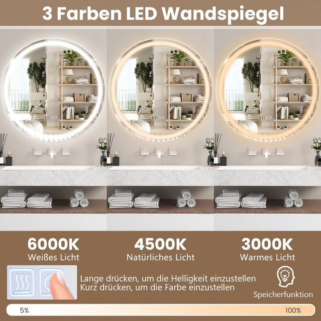 Bathroom mirror with anti-fog clock touch switch & memory function mirror heating LED mirror dimmable 3000K-6000K 60 x 60 cm