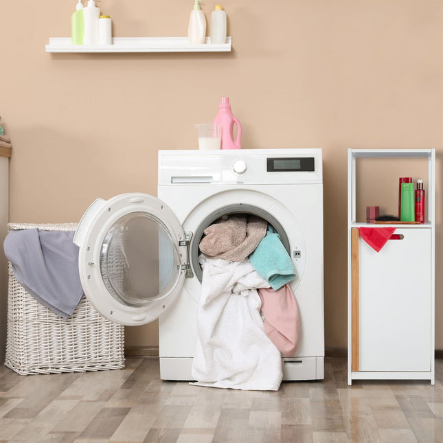 Bathroom shelf with laundry basket