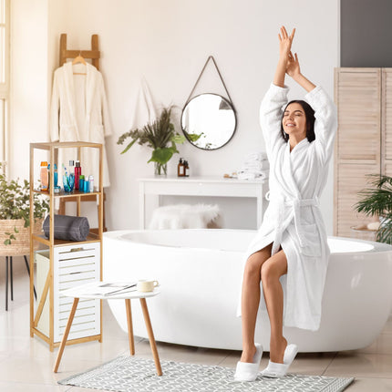 Bathroom shelf with laundry basket