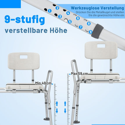 Bathtub Transfer Bench, Adjustable Height, Wide Seat, Safety Belt