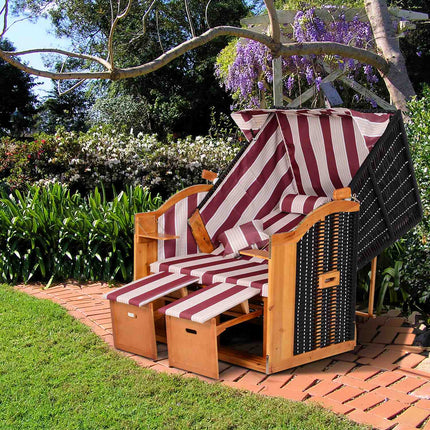 Double sun lounger with roof and drink holder, red/white