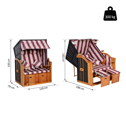 Double sun lounger with roof and drink holder, red/white