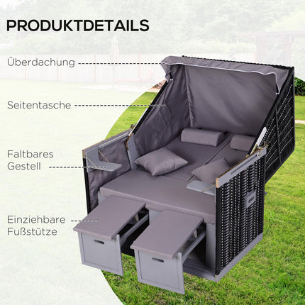 Double armchair sun lounger, PE rattan, cup holder, grey