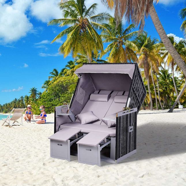 Double armchair sun lounger, PE rattan, cup holder, grey