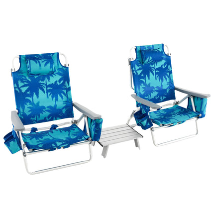 Beach Chair Set, 2 Pack Reclining Backpack Chairs With Table