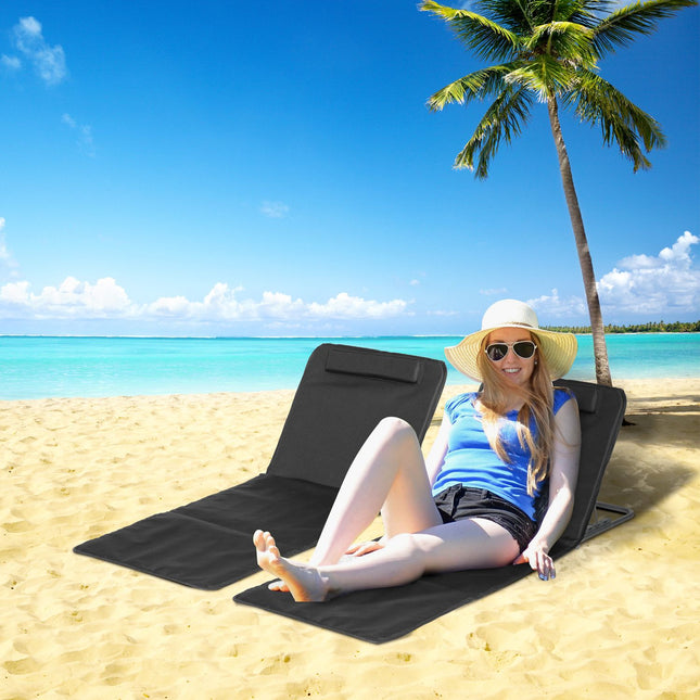 Strandmat, Set Van 2 Opvouwbare Strandmatrassen, 5 Niveaus In Hoogte Verstelbare Strandligstoel Met Draagtas, Staal, Zwart, 134 X 48 X 33-43 Cm