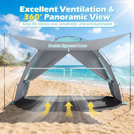 Beach Tent Sun Shelter, UPF50+, 3-4 Person, Extended Floor