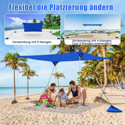 Beach tent 230 x 200 cm UPF 50+ sun tent with sand anchors, sandbags and 2 support poles blue