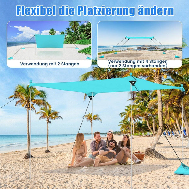 Beach tent 230 x 200 cm UPF 50+ sun tent with sand anchors, sandbags and 2 support poles, turquoise