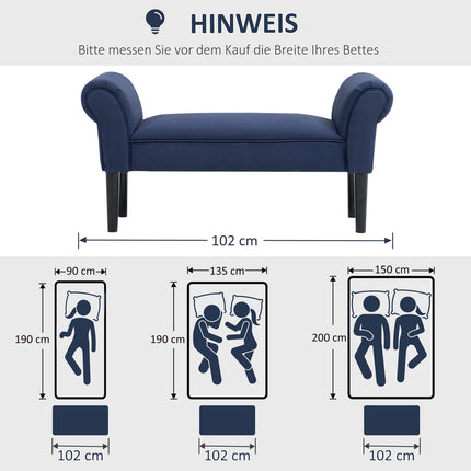 Blue upholstered bed bench, 130 kg Capacity, 102 x 36 x 51 cm