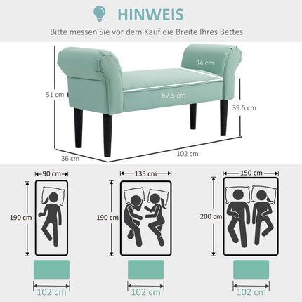 Green upholstered hall bench, 130 kg capacity, 102x36x51 cm